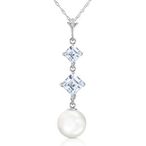 14K. GOLD NECKLACE WITH NATURAL AQUAMARINES & PEARLS (White Gold)
